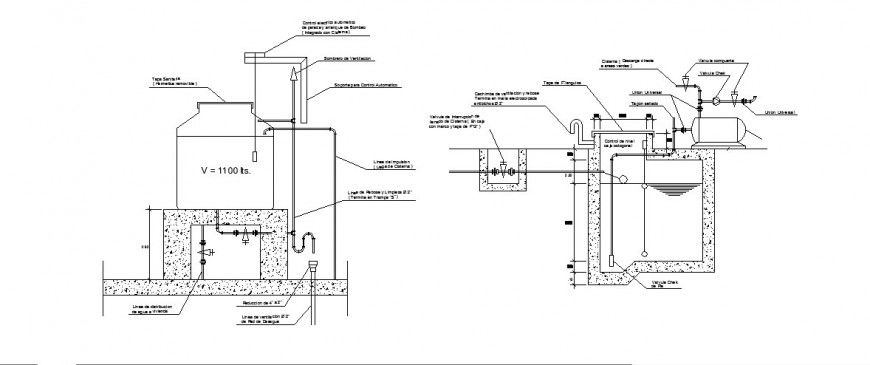 Water tank for house section and cad plumbing structure details dwg file
