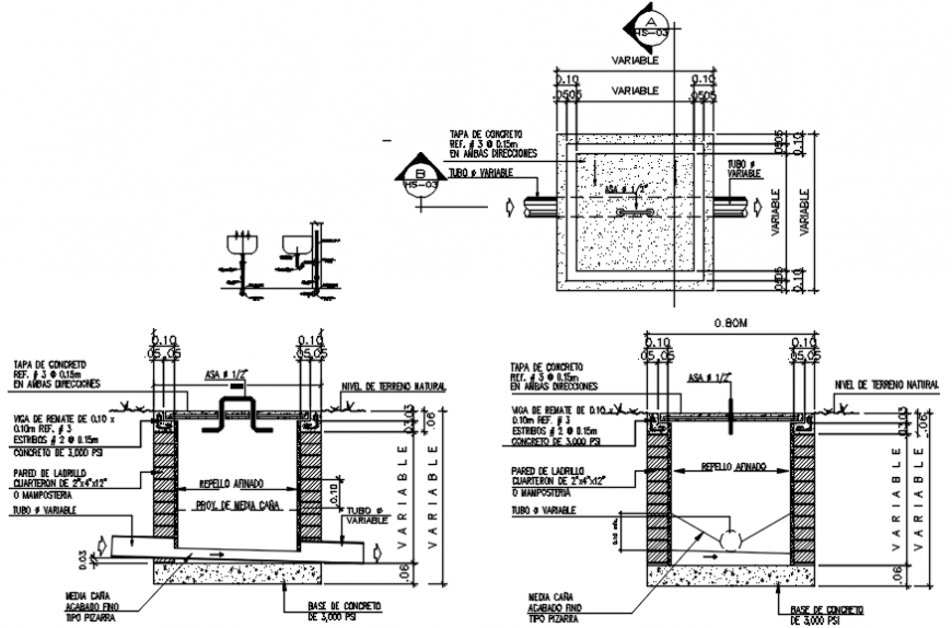 Water tank for house sections, plan and constructive structure details dwg file