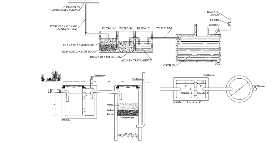 Water tank for residential house section, plan and plumbing details dwg file