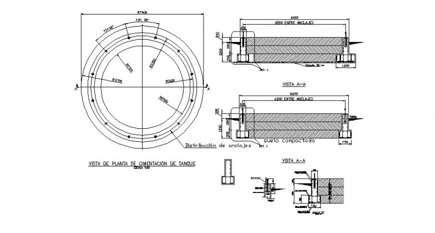 Water tank foundation detail drawing in dwg AutoCAD file.