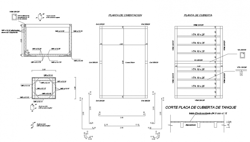 Water tank foundation plan, cover and plumbing structure details dwg file
