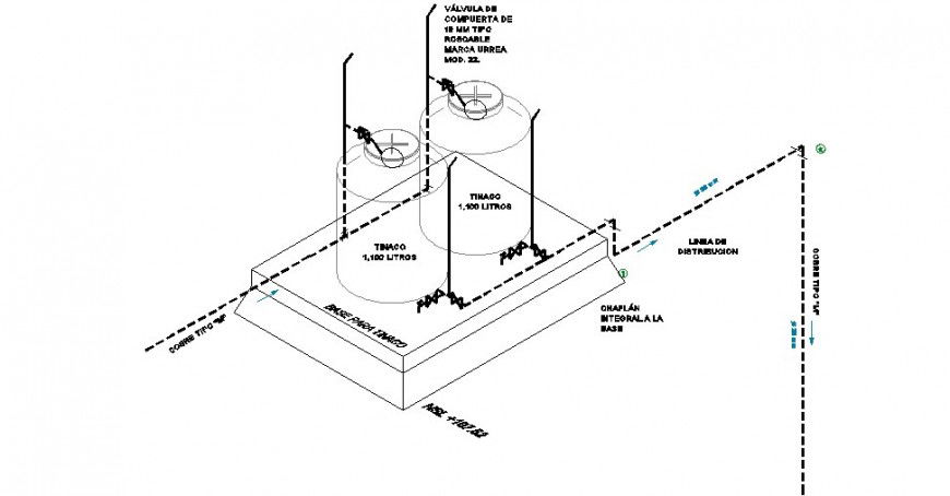 Water tank isometric elevation and plumbing structure details dwg file