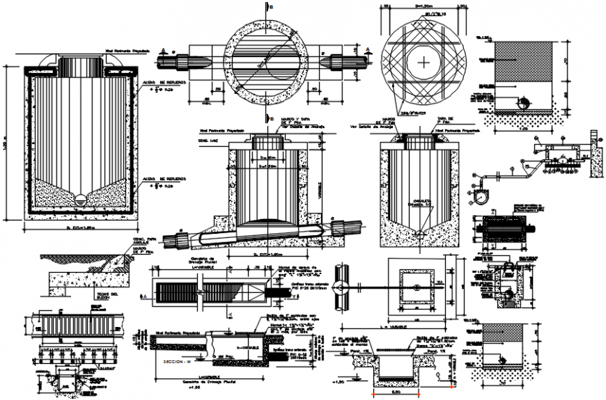 Water tank of shopping mall elevation, section and plumbing structure details dwg file