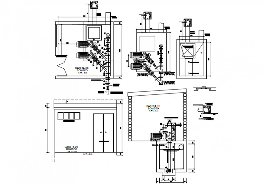Water tank room elevation, section, plan and plumbing details dwg file