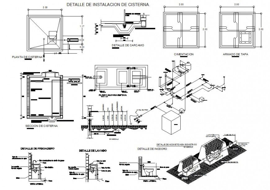Water Tank Section with Plumbing Details in DWG Format