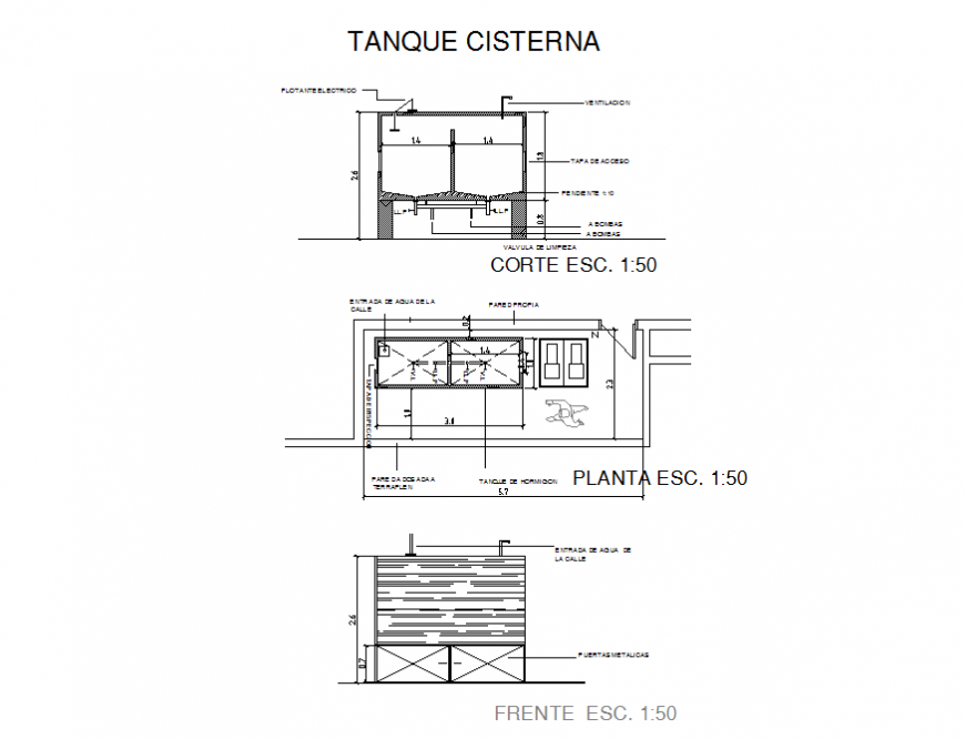 Water tank section, plan and constructive plumbing details dwg file