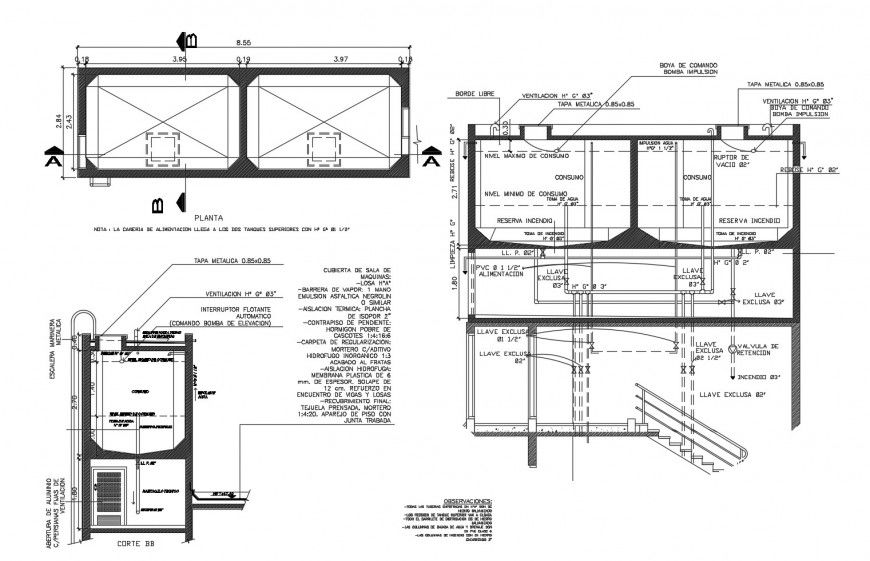 Water tank section, plan and plumbing structure cad drawing details dwg file