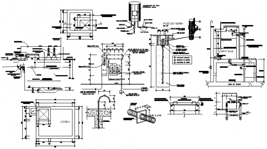 Water tank section, plan and plumbing structure details with pump room dwg file