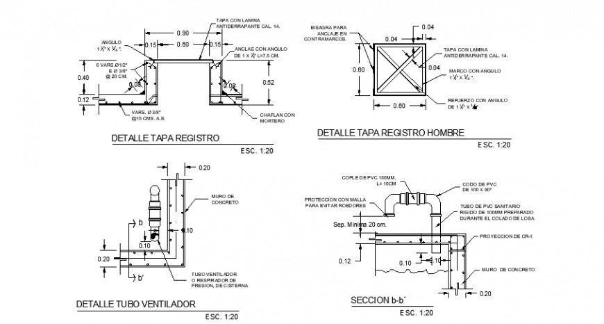 Water tank section, registration, tube and plumbing construction details dwg file