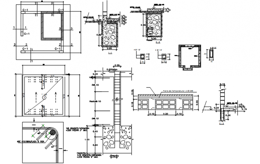 Water tank section, shoe foundation and plumbing construction details dwg file