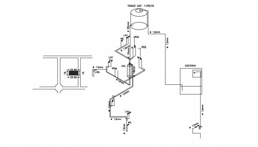 Water tank section and hydraulic system drawing details dwg file