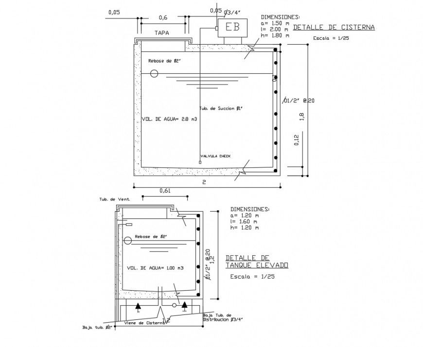 Water tank section and plan details for apartment building dwg file