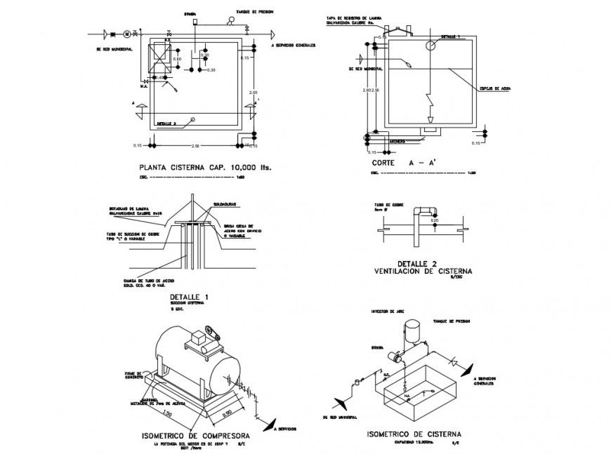 Water tank section and plan details with compressor cad drawing details dwg file