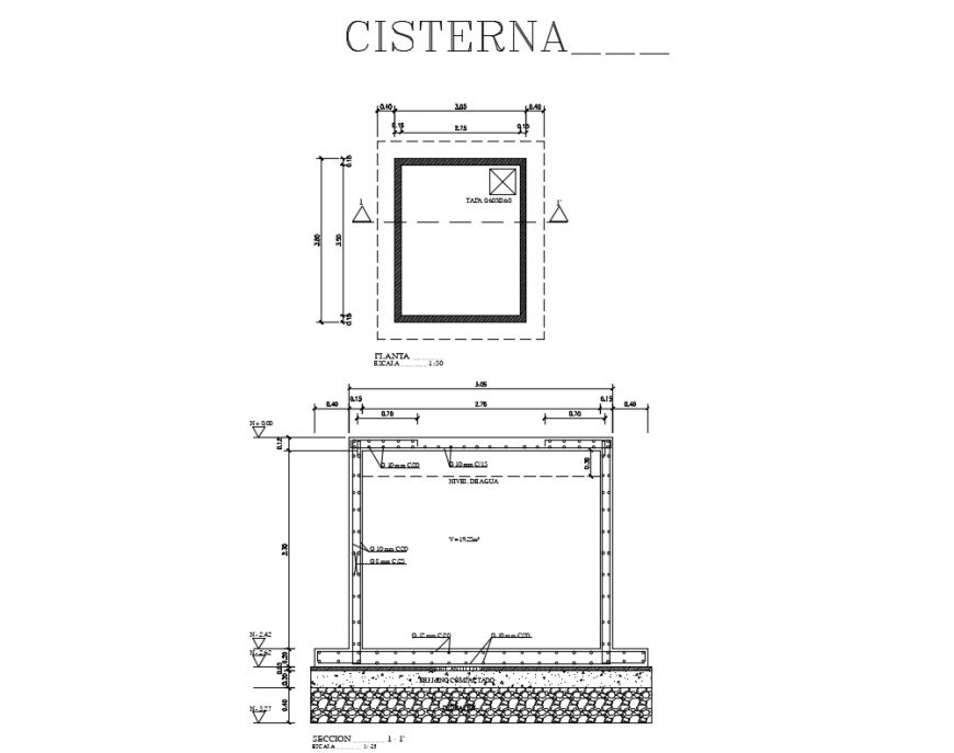 Water tank section and plan structure cad drawing details dwg file