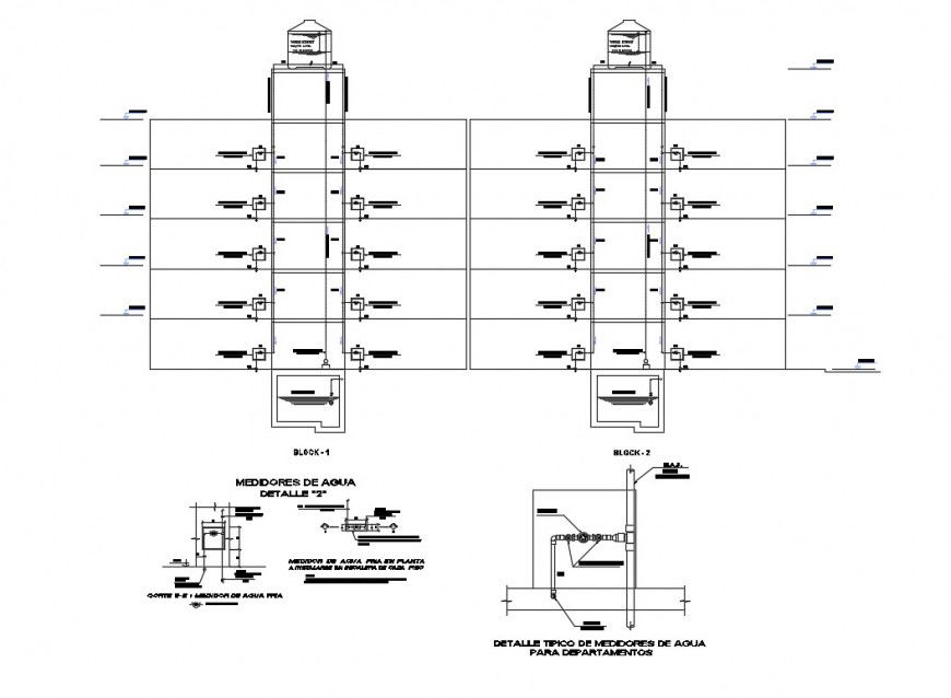 Water tank section and plumbing details of multi-story house building dwg file