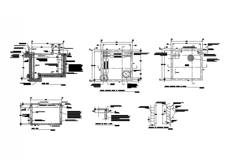 Water tank section and plumbing structure details dwg file