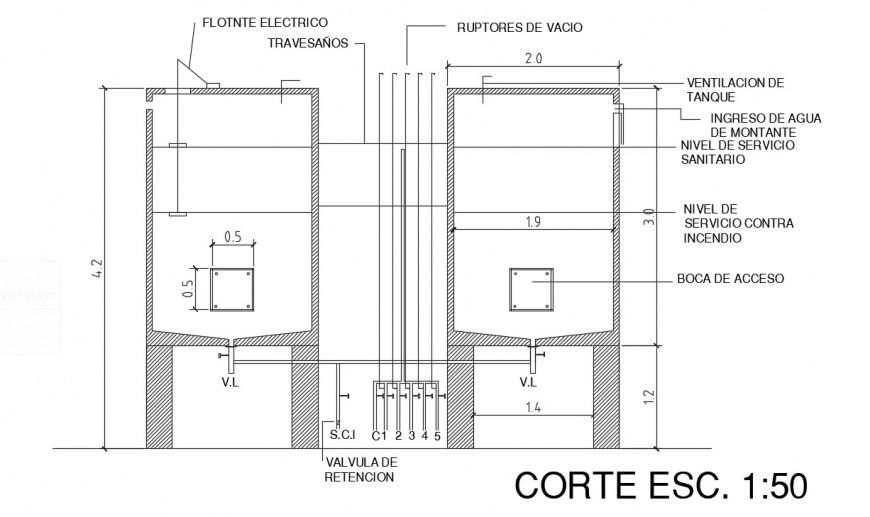 Water tank sectional drawings dteials 2d view autocad file