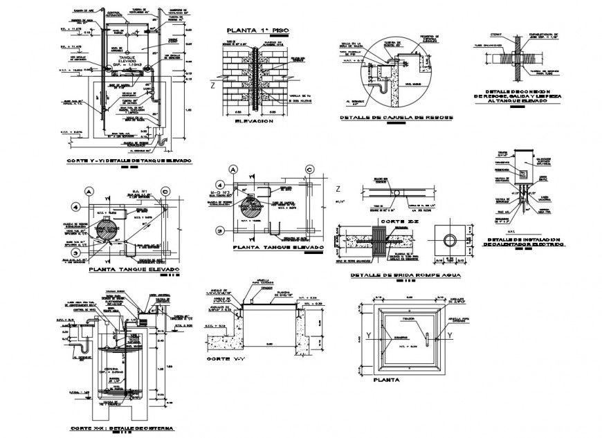 Water tank sections, plan and plumbing details for apartment building dwg file