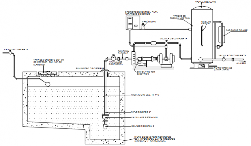 Water tank with gas heater installation cad drawing details dwg file