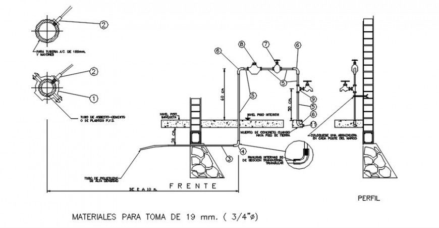 Water tap section and domiciliary intake plumbing details dwg file