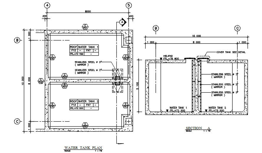 water tank section details are given in this AutoCAD 2D DWG drawing. Download the free AutoCAD 2D DWG file.