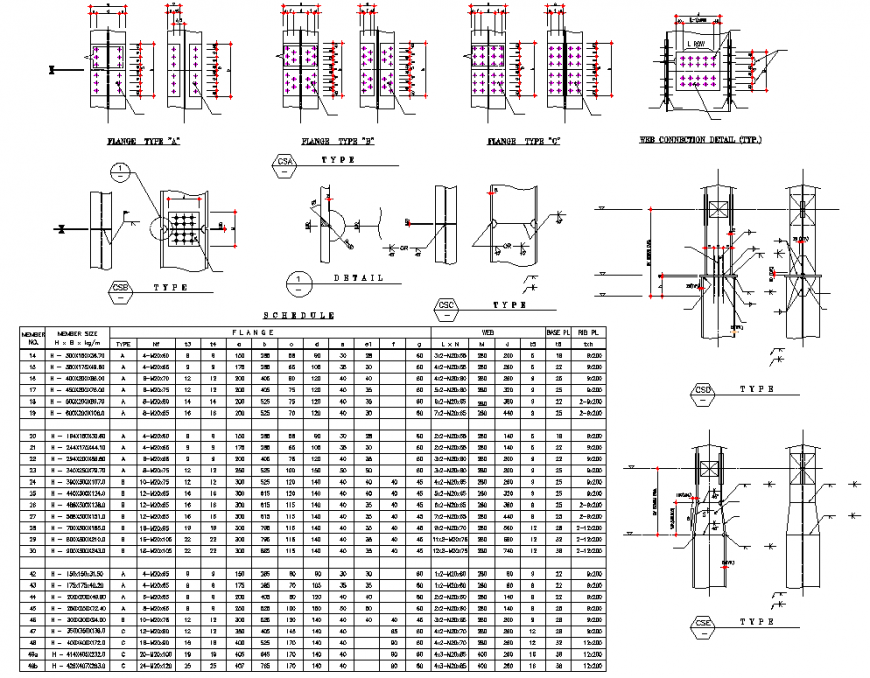 Wed connection detail and flange section detail dwg file