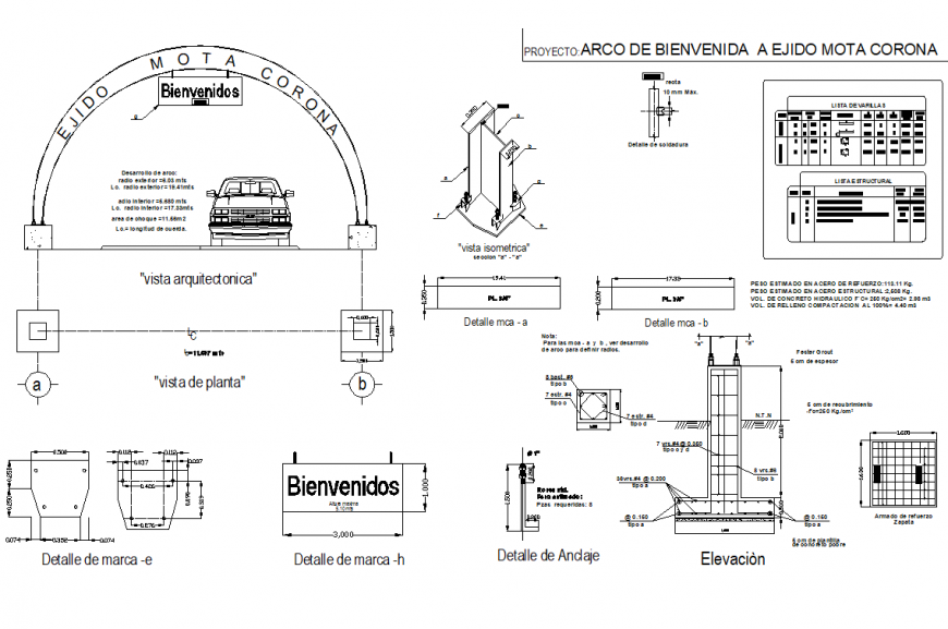 Welcoming arch to ejido mota corona elevation and section detail dwg file