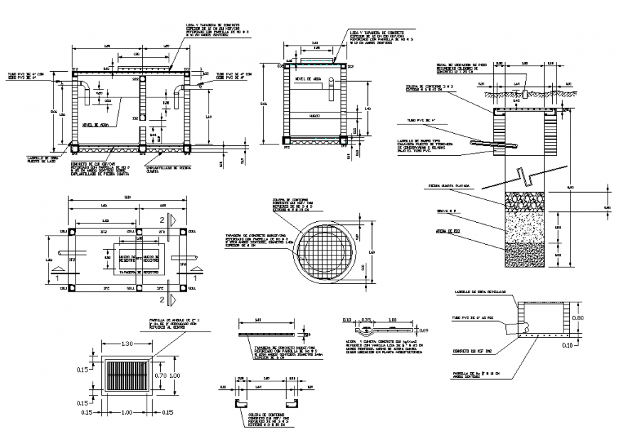 Well and different structure detail elevation and plan 2d view layout dwg file