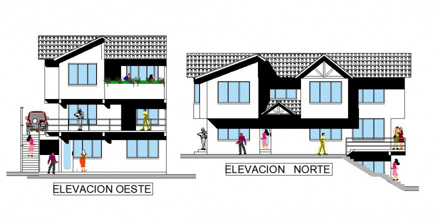 West and north elevation design with detail of architectural work of home dwg file
