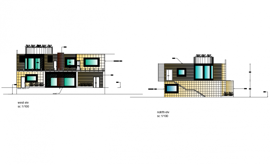 West and north elevation details of two story villa house dwg file