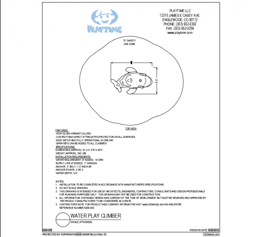 Whale fish top view water climber equipment cad block design dwg file