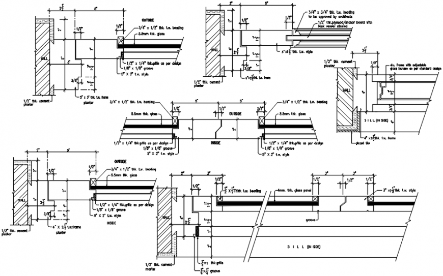 Window coupling, installation and joinery drawing details dwg file