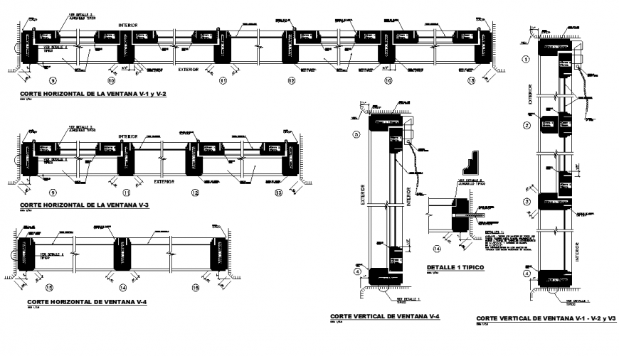 Window sectional detail 2d view layout dwg file