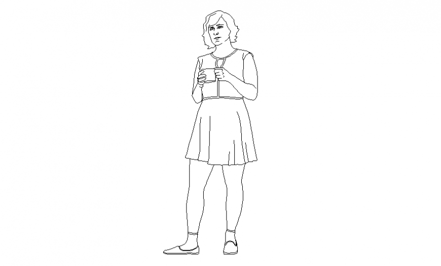 Woman standing with a cup in her hands cad block details dwg file
