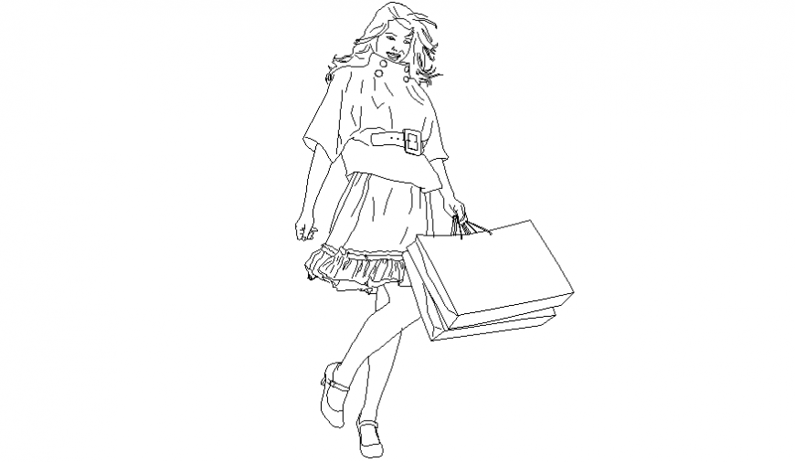 Women with shopping beg in standing position block of people dwg file