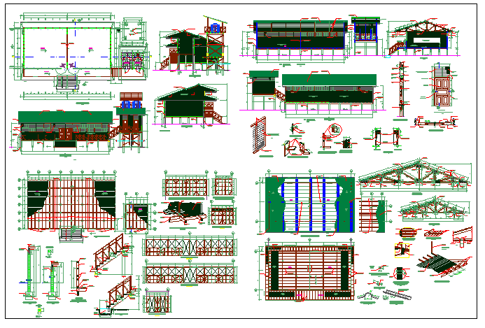 wood frame school building with wooden joint structure view dwg file