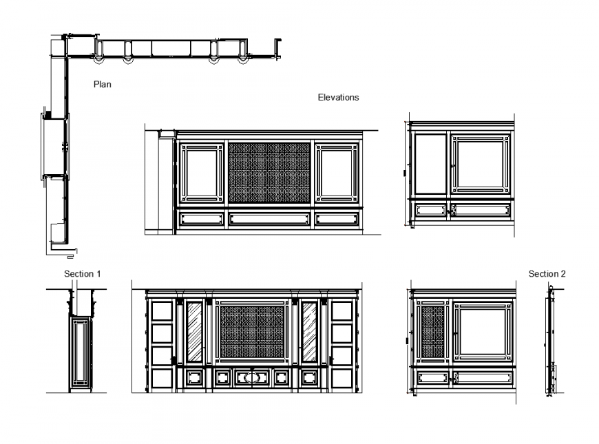 Wood panel window detail elevation and section layout autocad file