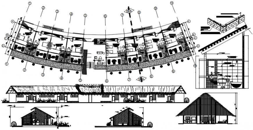 Wood resort elevations and floor plan cad drawing details dwg file