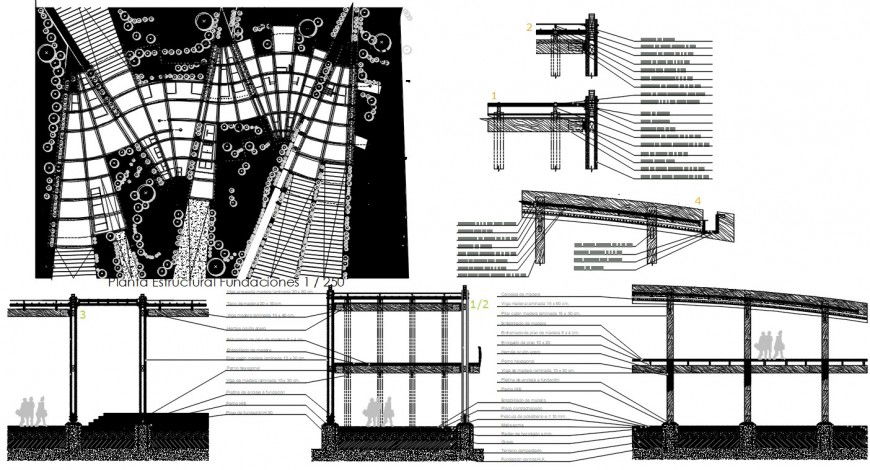 Wood structured roof and house sections and structure drawing details dwg file