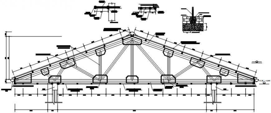 Wood truss roof section and constructive structure details dwg file