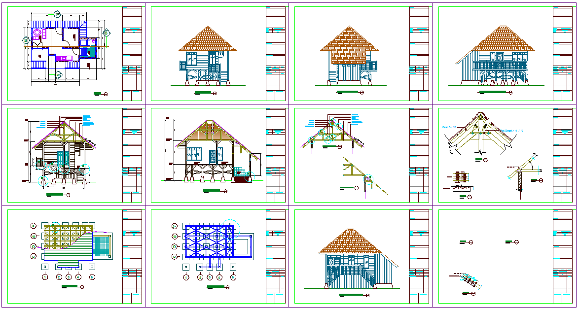 wooden house plan and elevation view with wooden joint and sectional view dwg file
