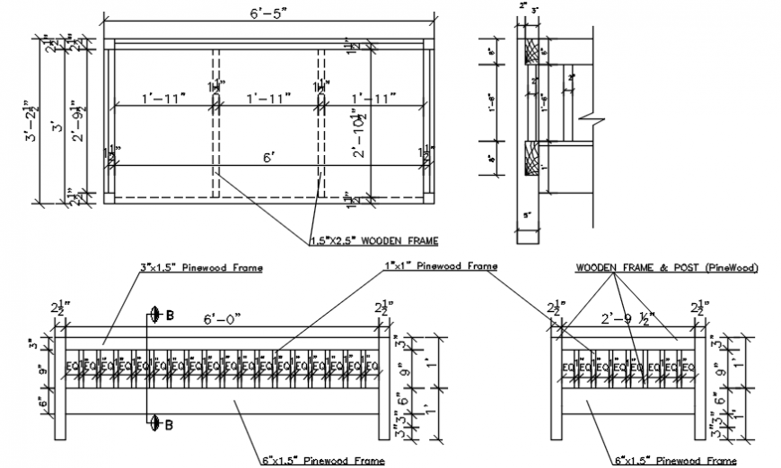 Wooden bed section and wooden structure and carpentry details dwg file