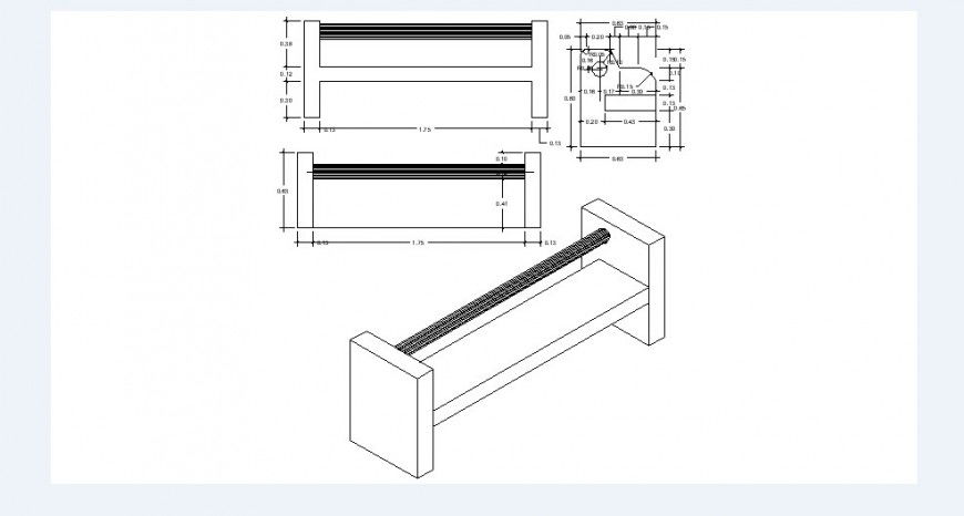 Wooden bench all sided elevation and plan details dwg file