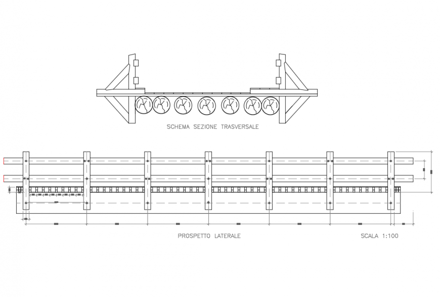 Wooden bridge section and perspective construction details dwg file