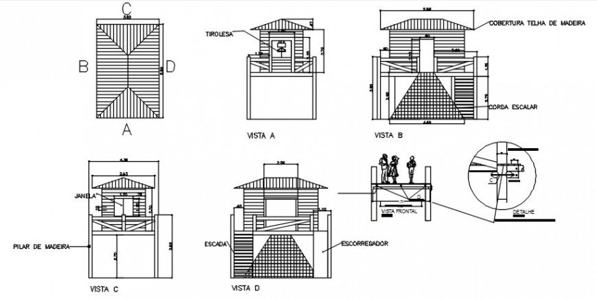 Wooden bridge sections and construction details dwg file