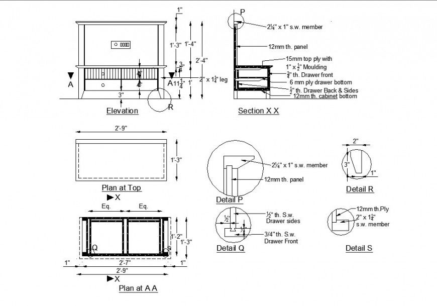 Wooden cabinet elevation, section, plan and auto-cad drawing details dwg file