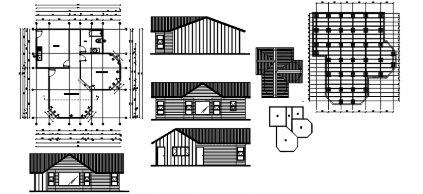 Wooden cottage house elevations and floor plan with structure details dwg file