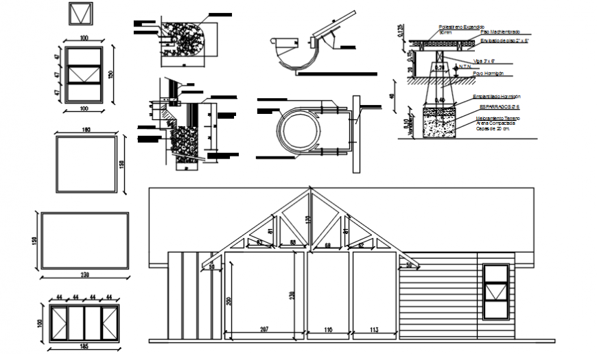 Wooden cottage house section and doors and windows details dwg file