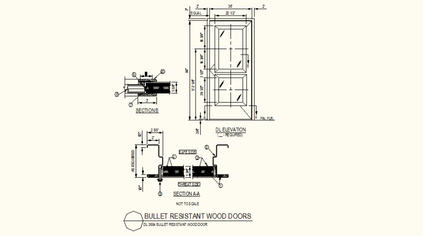 Wooden doors detail elevation and section plan dwg file