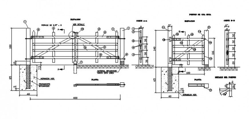 Wooden double gate and fence section and installation details dwg file